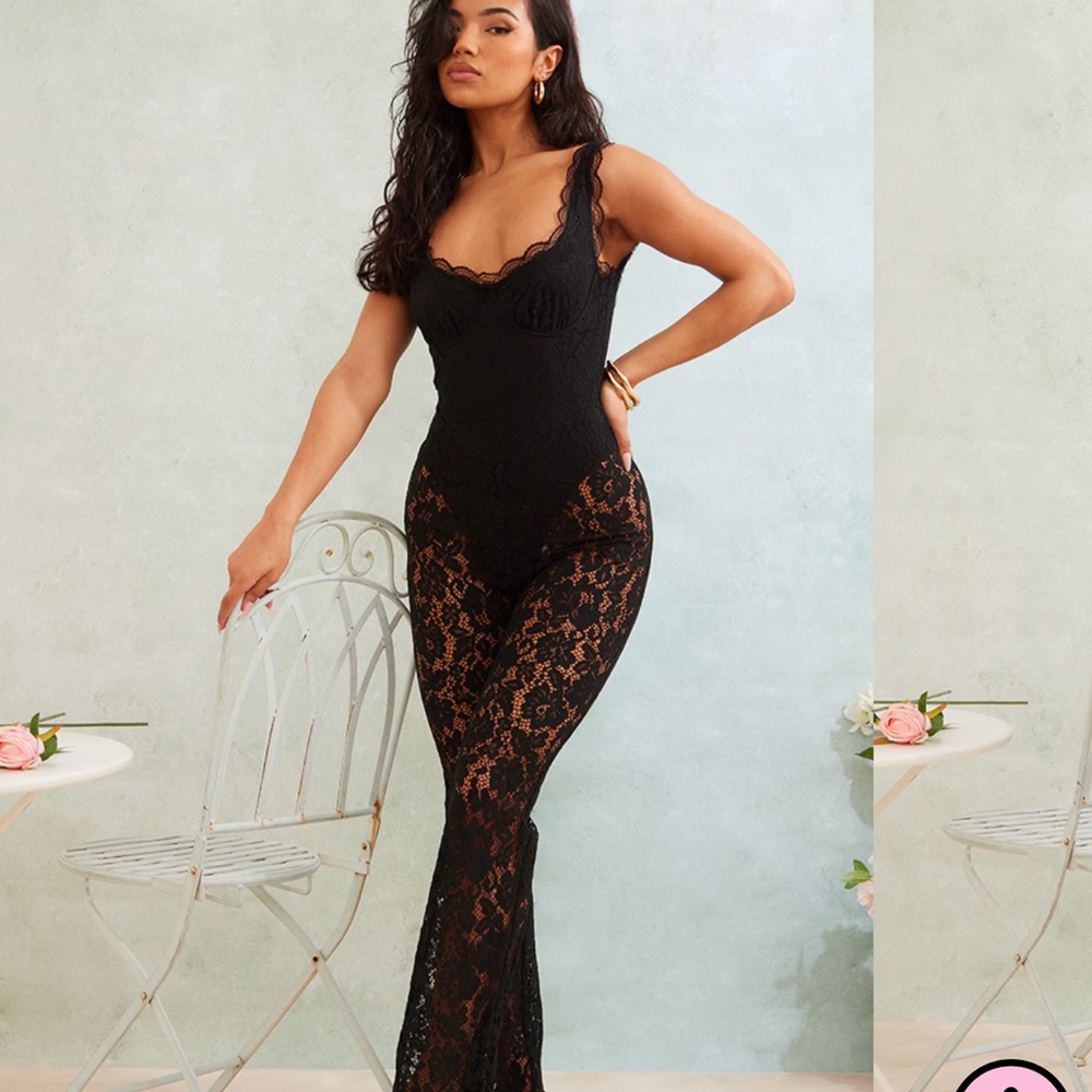 Pretty little thing Black  lace boning detail strappy flared jumpsuit
